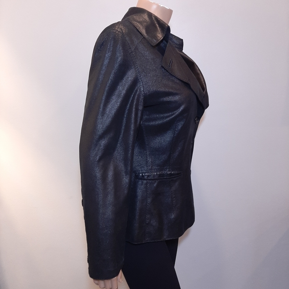 Anne Klein Coated Geniune Leather Jacket Moto Style Single Breasted Black Medium - Picture 11 of 15